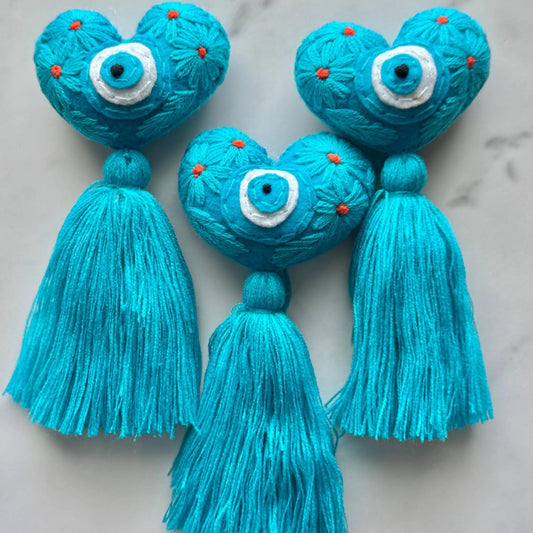 Turquoise Embroidered Evil Eye Heart Tassel: Handmade Bag Accessory
