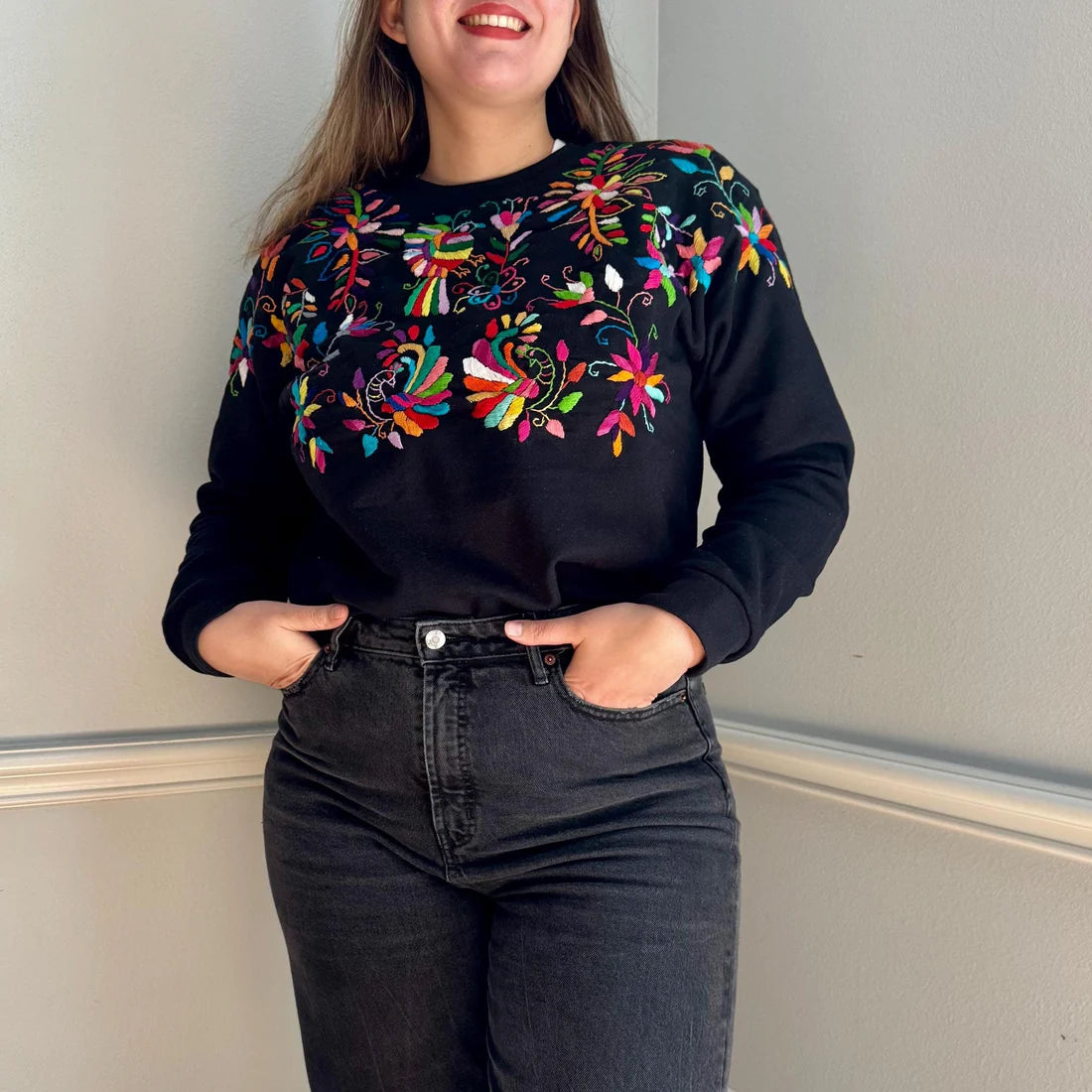 Hand Embroidered Tenango Sweatshirt: Mexican Floral Art