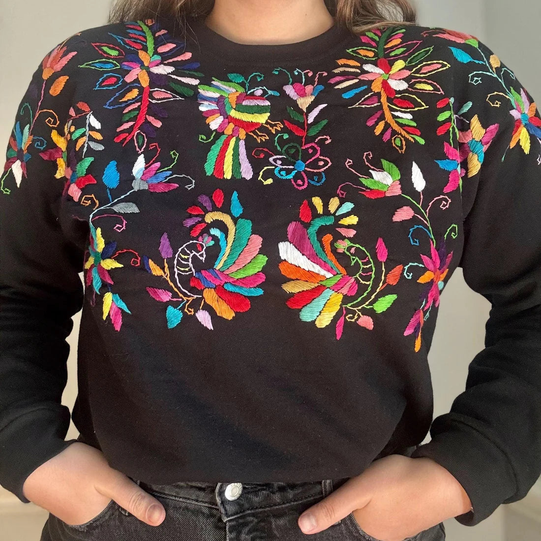 Hand Embroidered Tenango Sweatshirt: Mexican Floral Art
