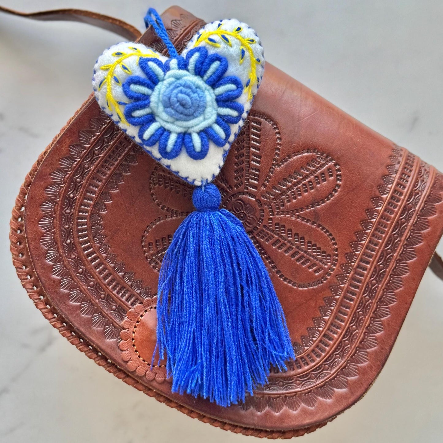 Blue Embroidered Heart Tassel