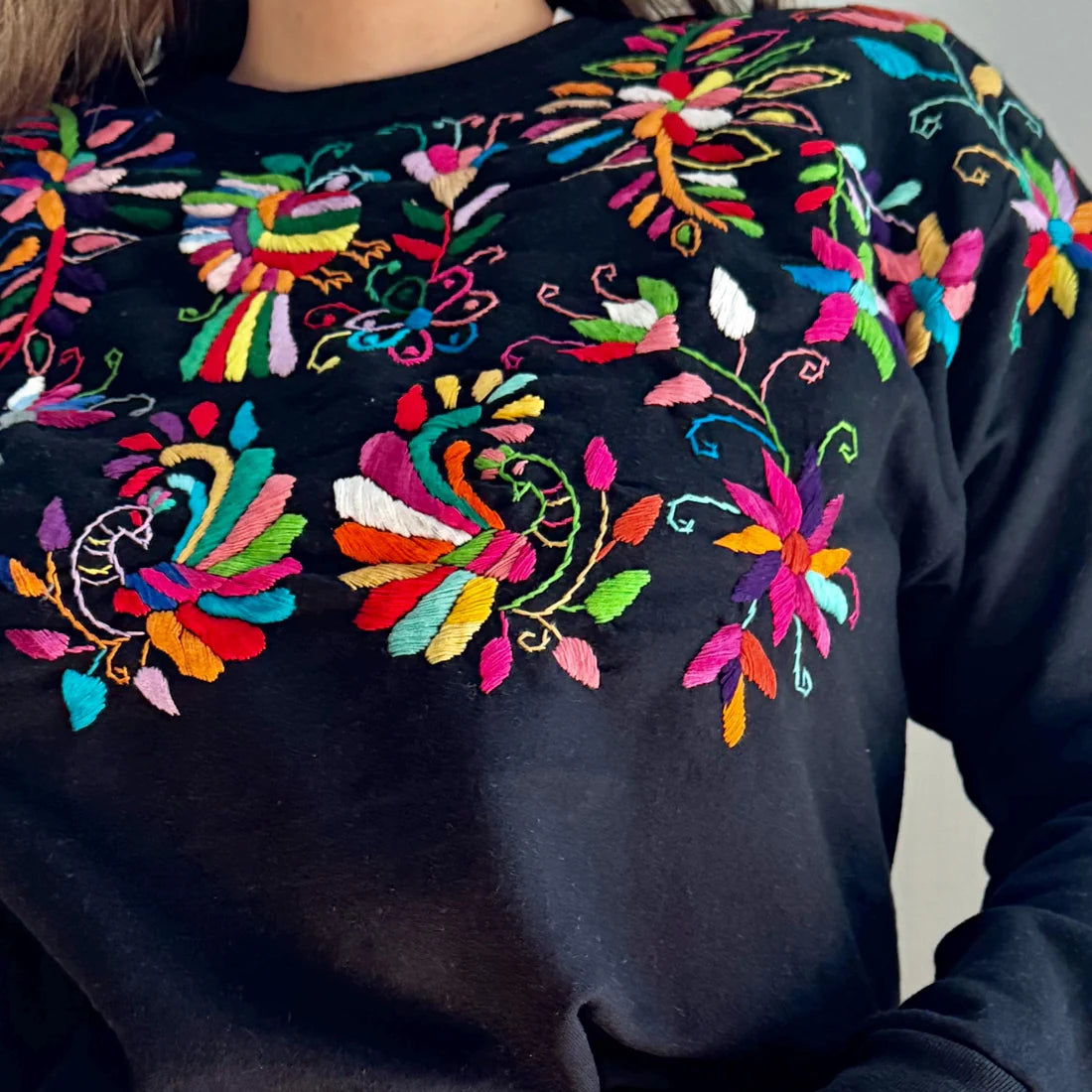 Hand Embroidered Tenango Sweatshirt: Mexican Floral Art