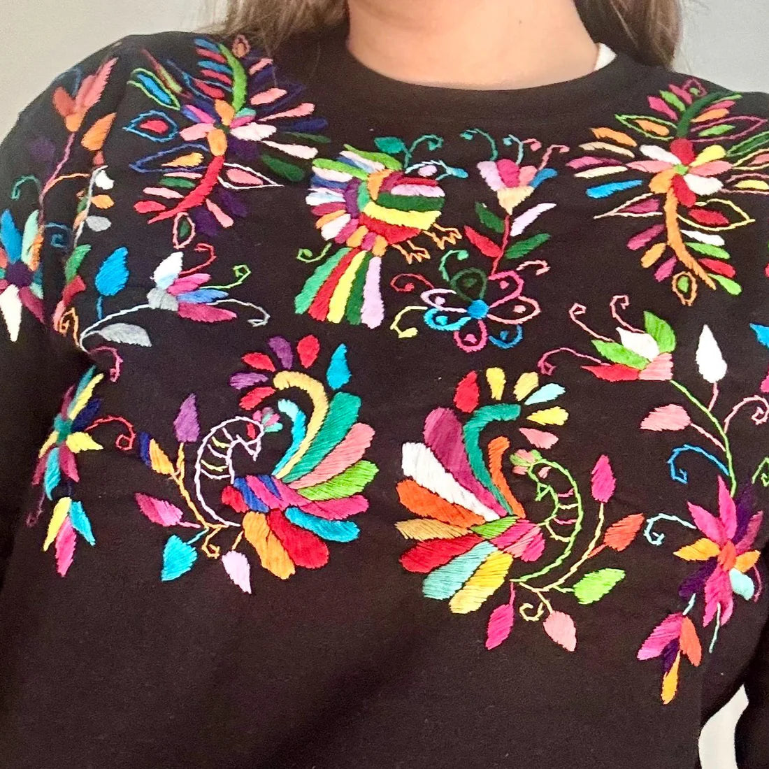 Hand Embroidered Tenango Sweatshirt: Mexican Floral Art