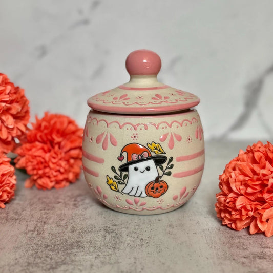 Pink Ghost & Pumpkin Ceramic Sugar Bowl with Lid