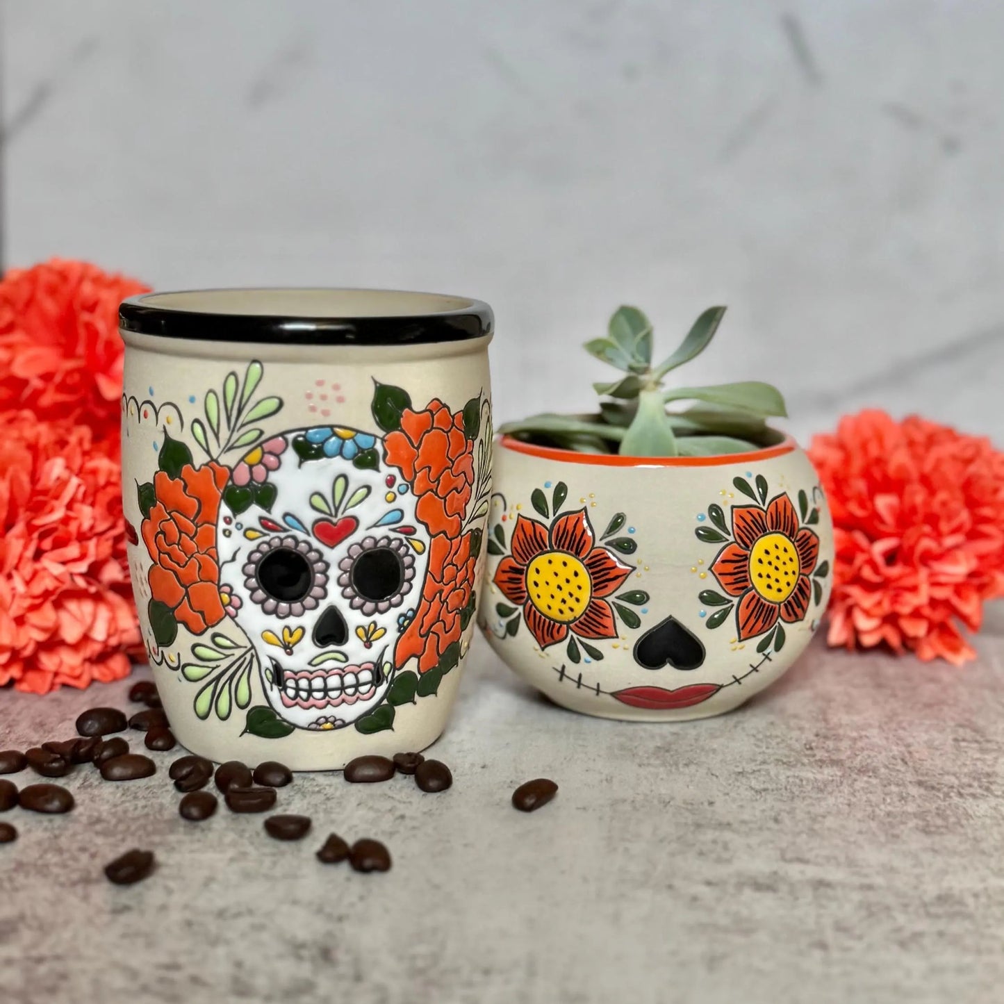 Hand-Painted Ceramic Sugar Skull Mug and Planter Pot Bundle