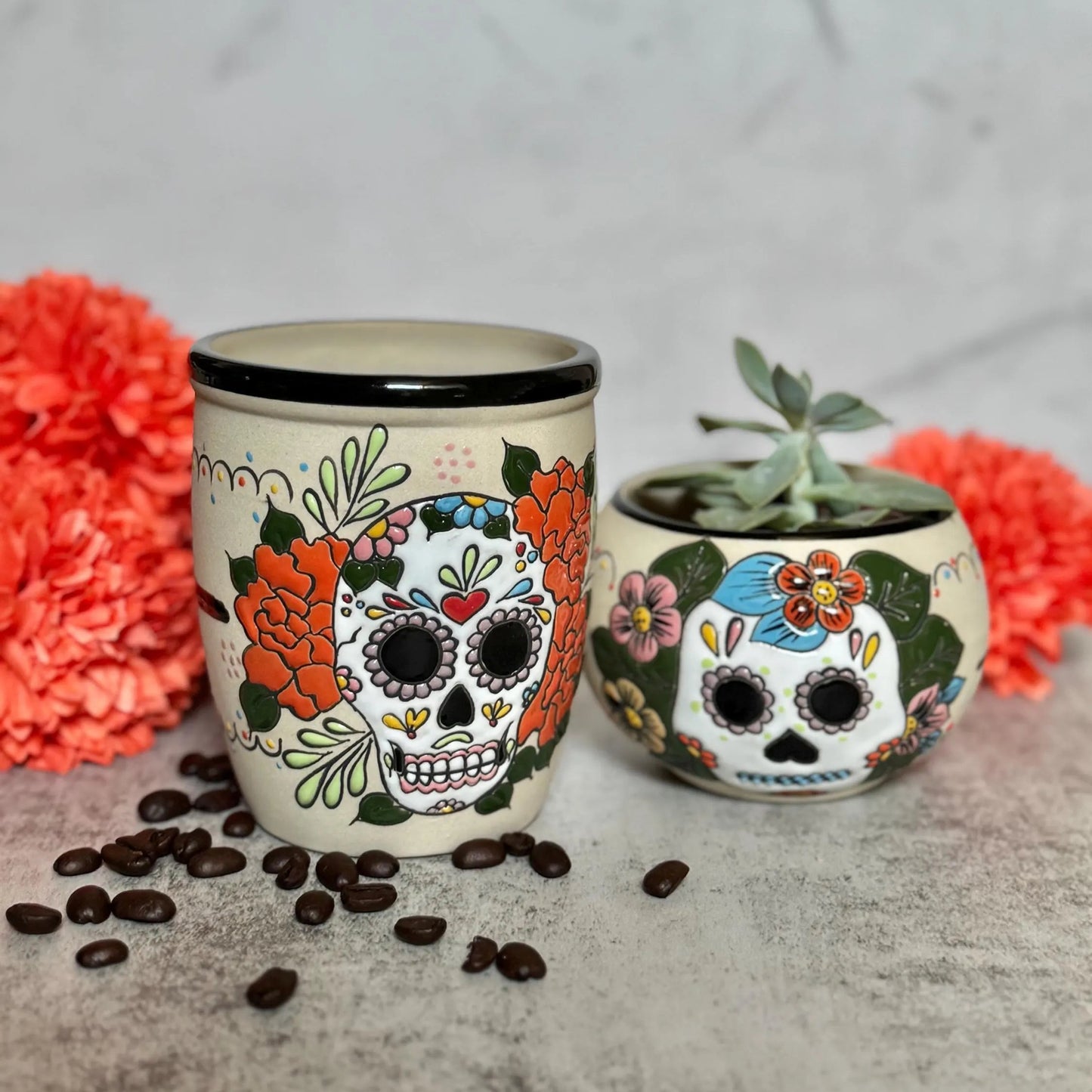 Hand-Painted Ceramic Sugar Skull Mug and Planter Pot Bundle