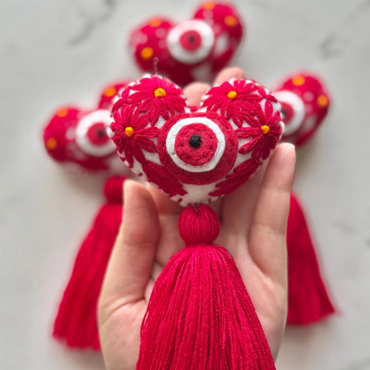 Red Embroidered Evil Eye Heart Tassel: Handmade Bag Accessory