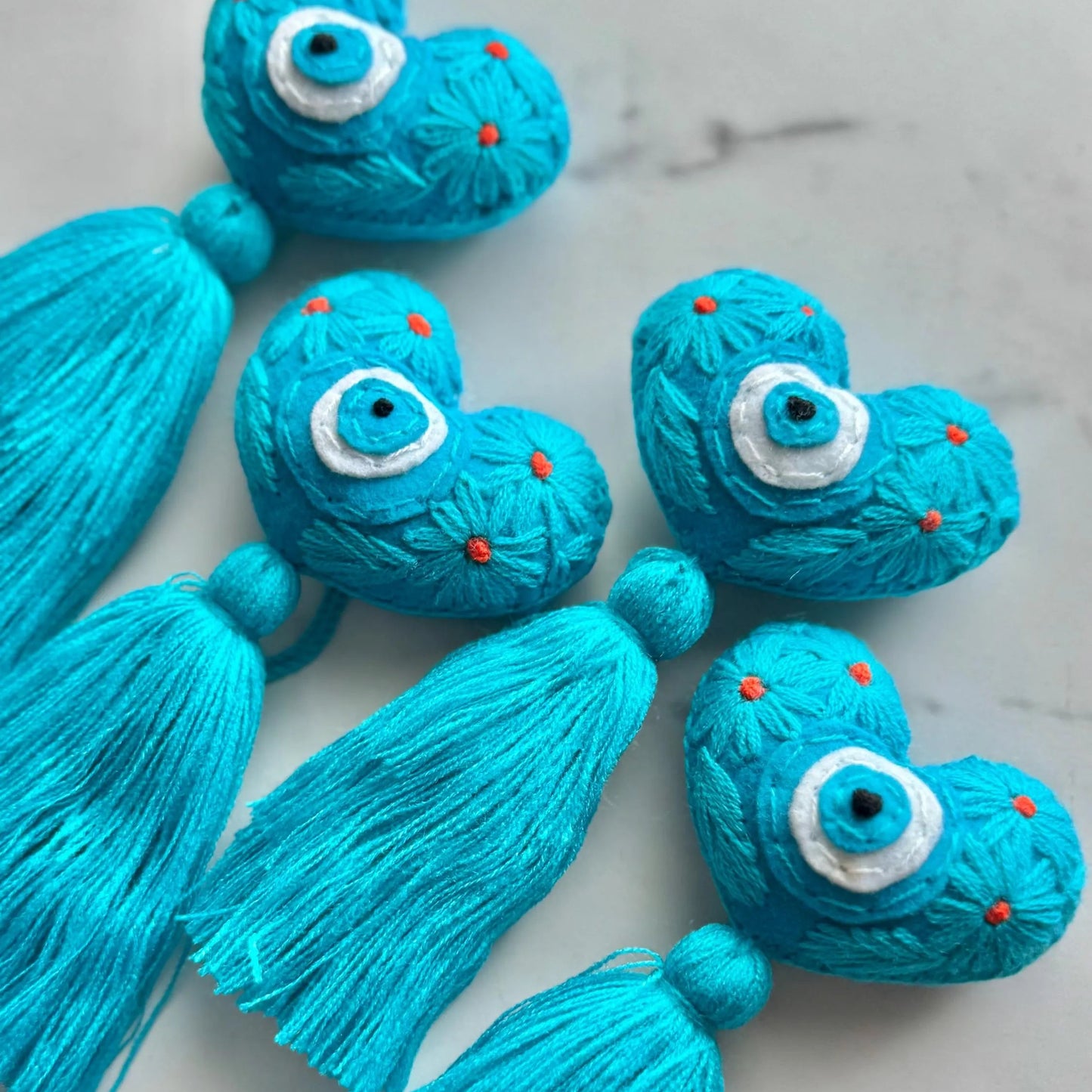 Turquoise Embroidered Evil Eye Heart Tassel: Handmade Bag Accessory