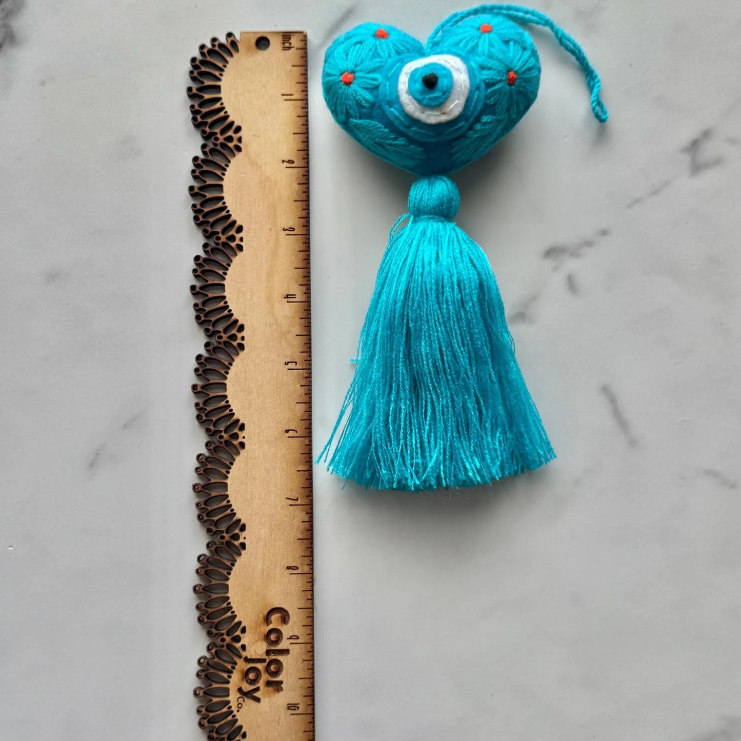Turquoise Embroidered Evil Eye Heart Tassel: Handmade Bag Accessory