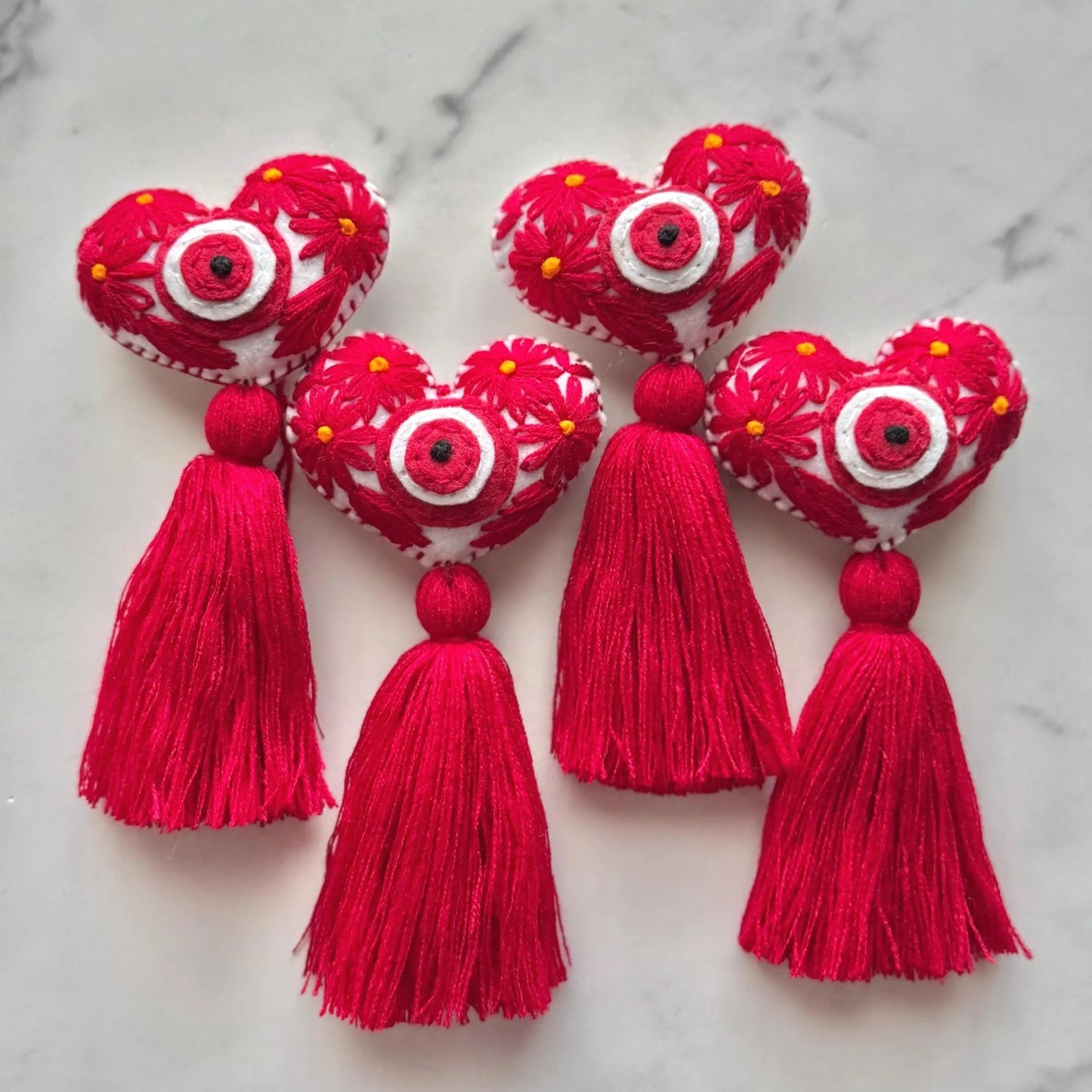 Red Embroidered Evil Eye Heart Tassel: Handmade Bag Accessory