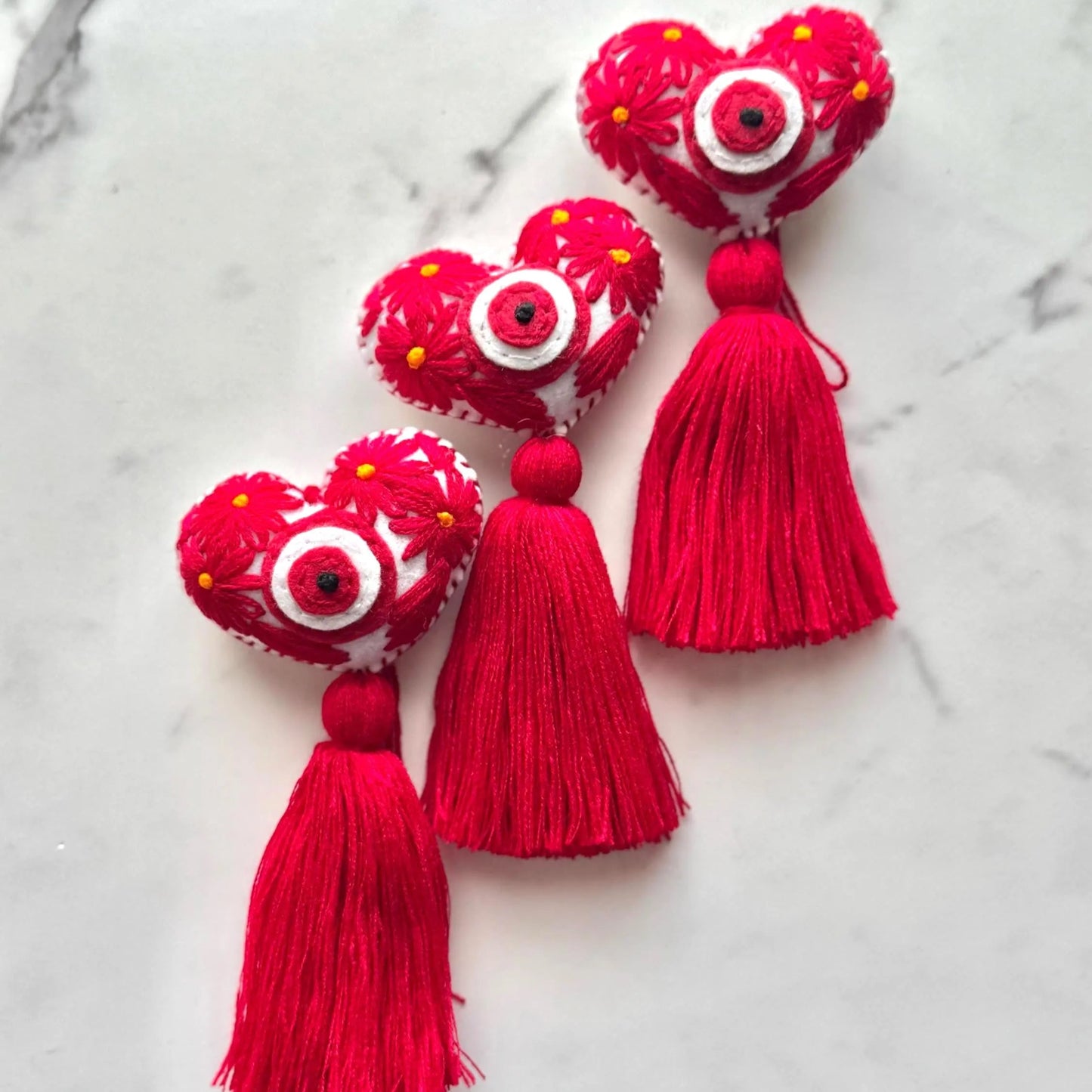 Red Embroidered Evil Eye Heart Tassel: Handmade Bag Accessory