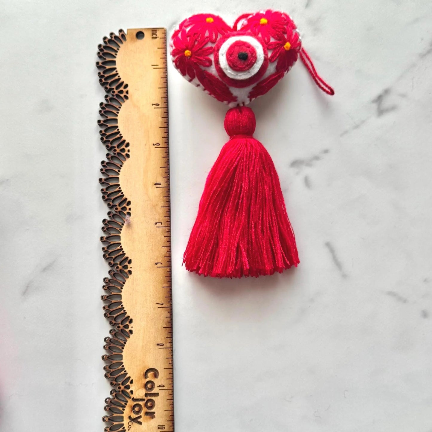 Red Embroidered Evil Eye Heart Tassel: Handmade Bag Accessory