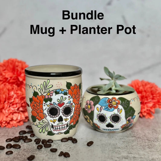 Hand-Painted Ceramic Sugar Skull Mug and Planter Pot Bundle