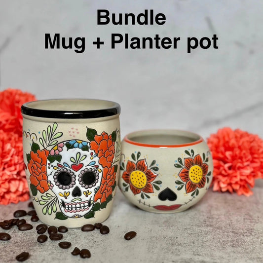 Hand-Painted Ceramic Sugar Skull Mug and Planter Pot Bundle