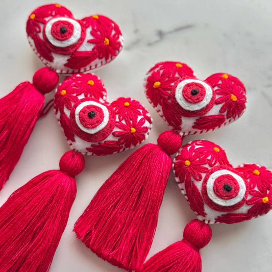 Red Embroidered Evil Eye Heart Tassel: Handmade Bag Accessory