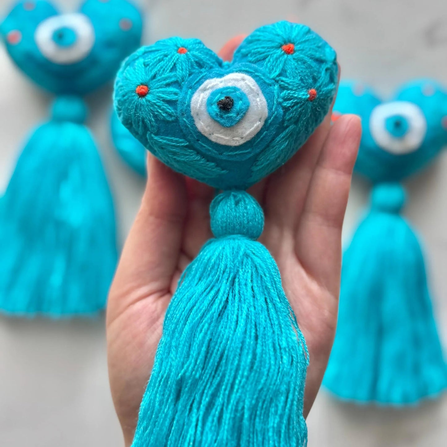 Turquoise Embroidered Evil Eye Heart Tassel: Handmade Bag Accessory