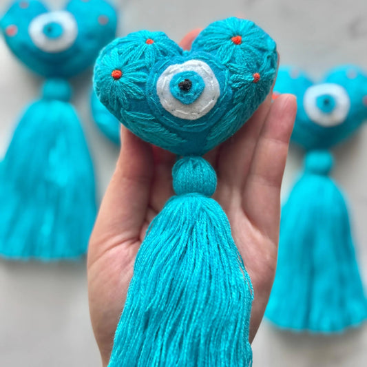 Turquoise Embroidered Evil Eye Heart Tassel: Handmade Bag Accessory