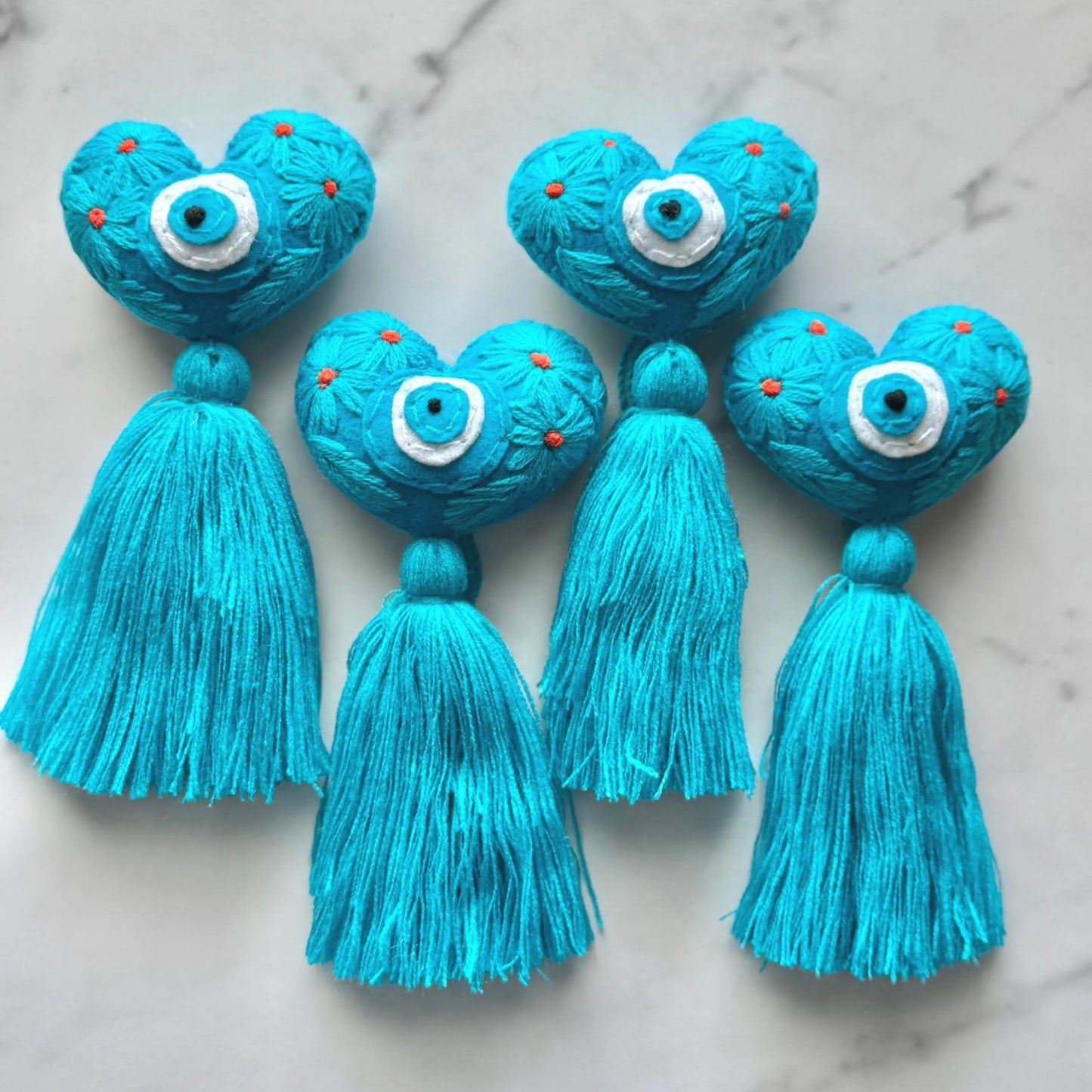 Turquoise Embroidered Evil Eye Heart Tassel: Handmade Bag Accessory